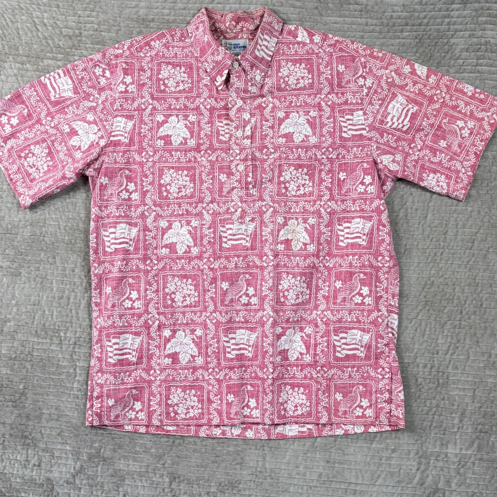 Vintage Reyn Spooner Hawaiian Shirt Pink Reverse Print Flag Nene Goose Mens L